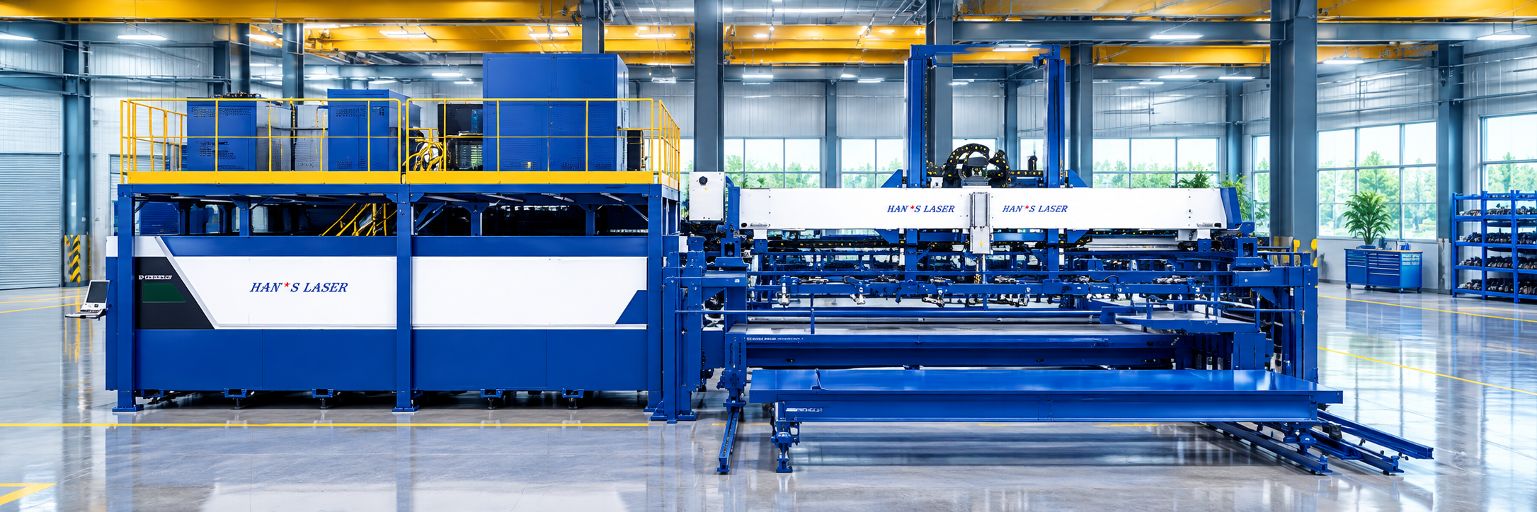 Modern Blue-and-White Laser Factory Line